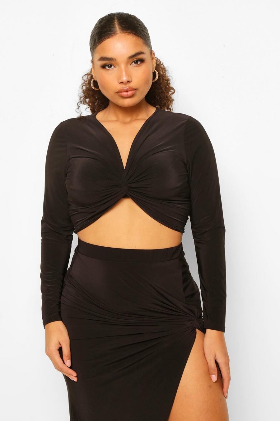 Black Plus Soft Touch Front Knot Crop Top image number 1