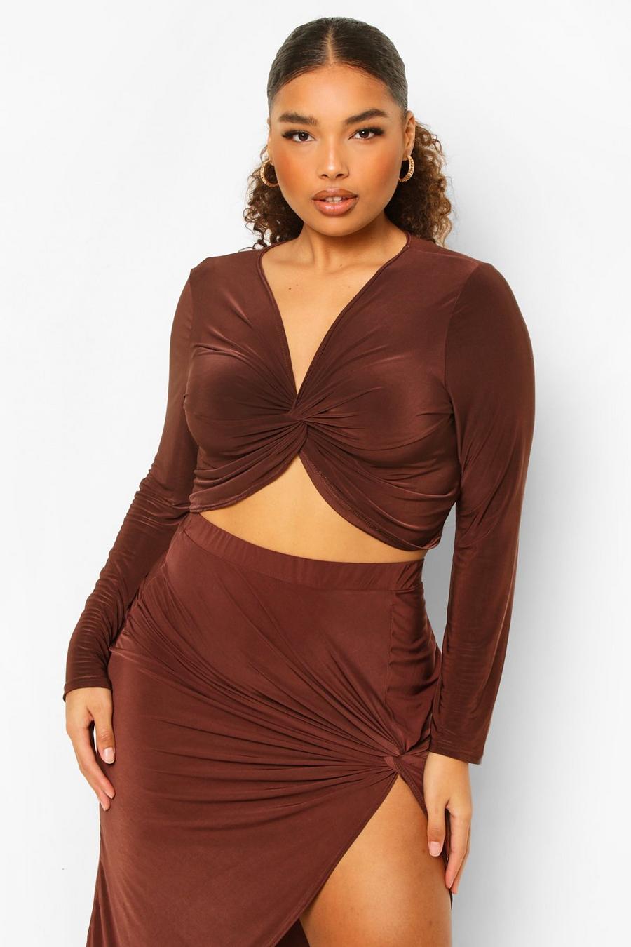 Chocolate Plus Soft Touch Front Knot Crop Top image number 1