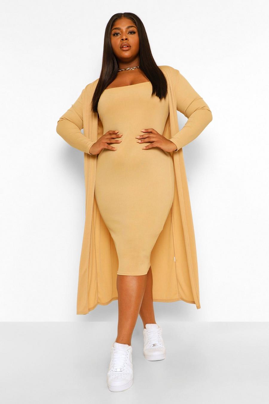 Beige Plus Ribbed Midi Dress And Duster Set image number 1