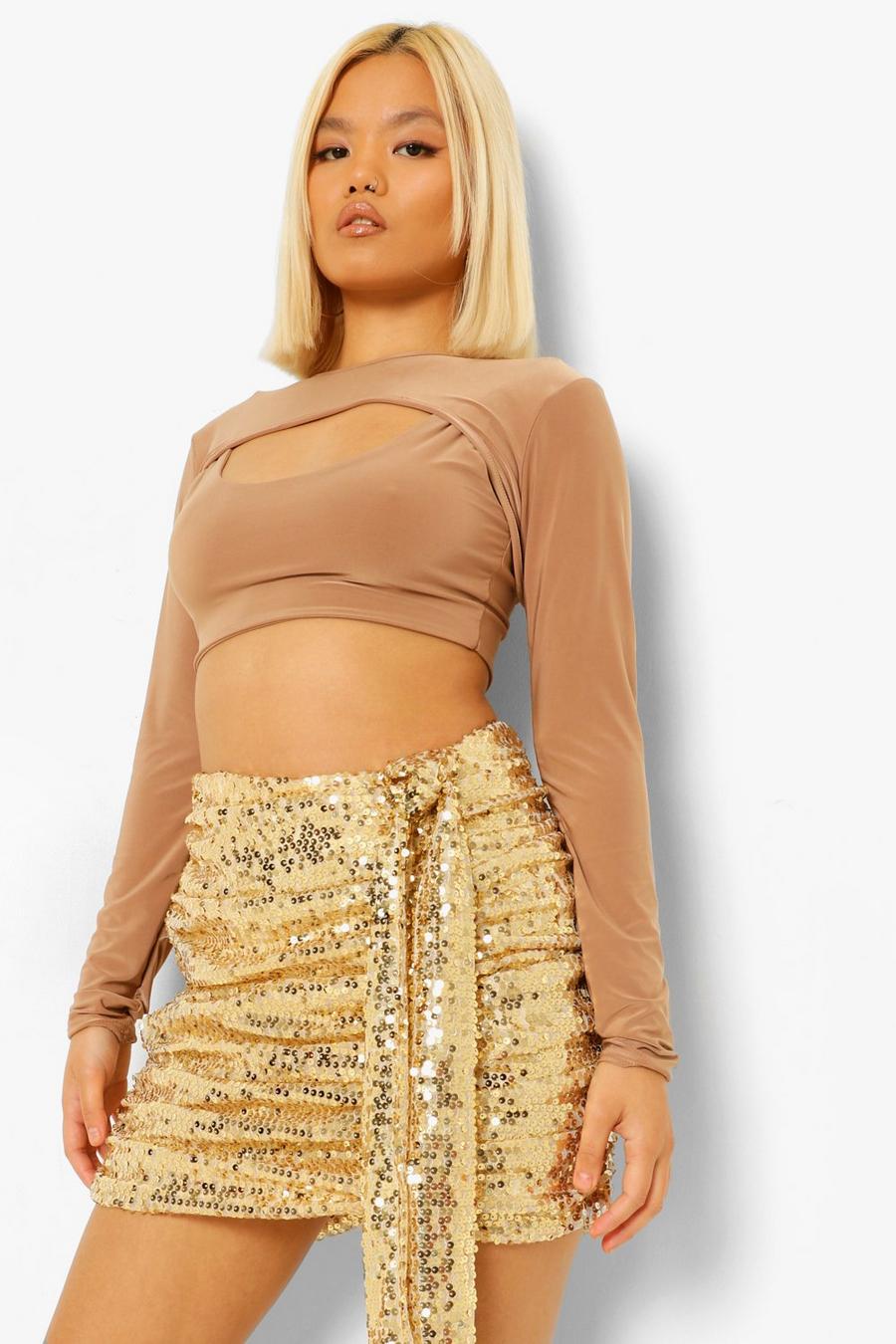 Gold Petite Sequin Drape Mini Skirt image number 1