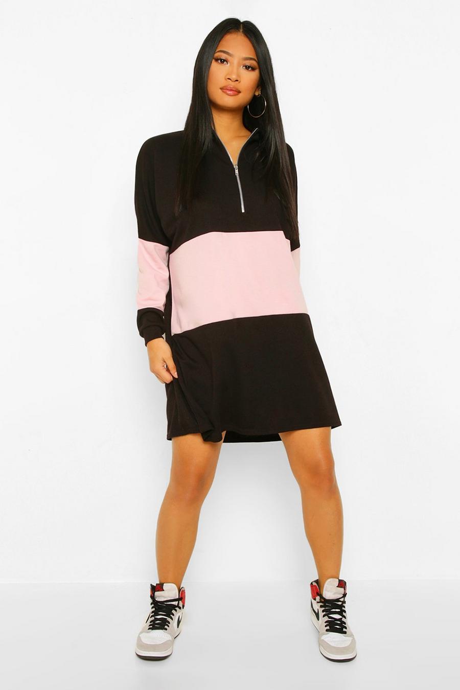 Vestido sudadera con bloques de color y detalle de cremallera Petite, Negro image number 1