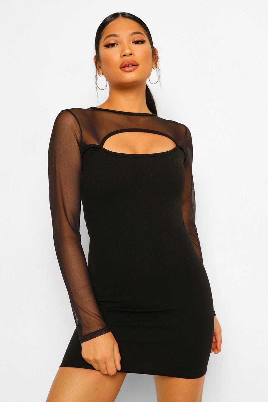 Black Petite Cut Out Mesh Sleeve Bodycon Dress image number 1
