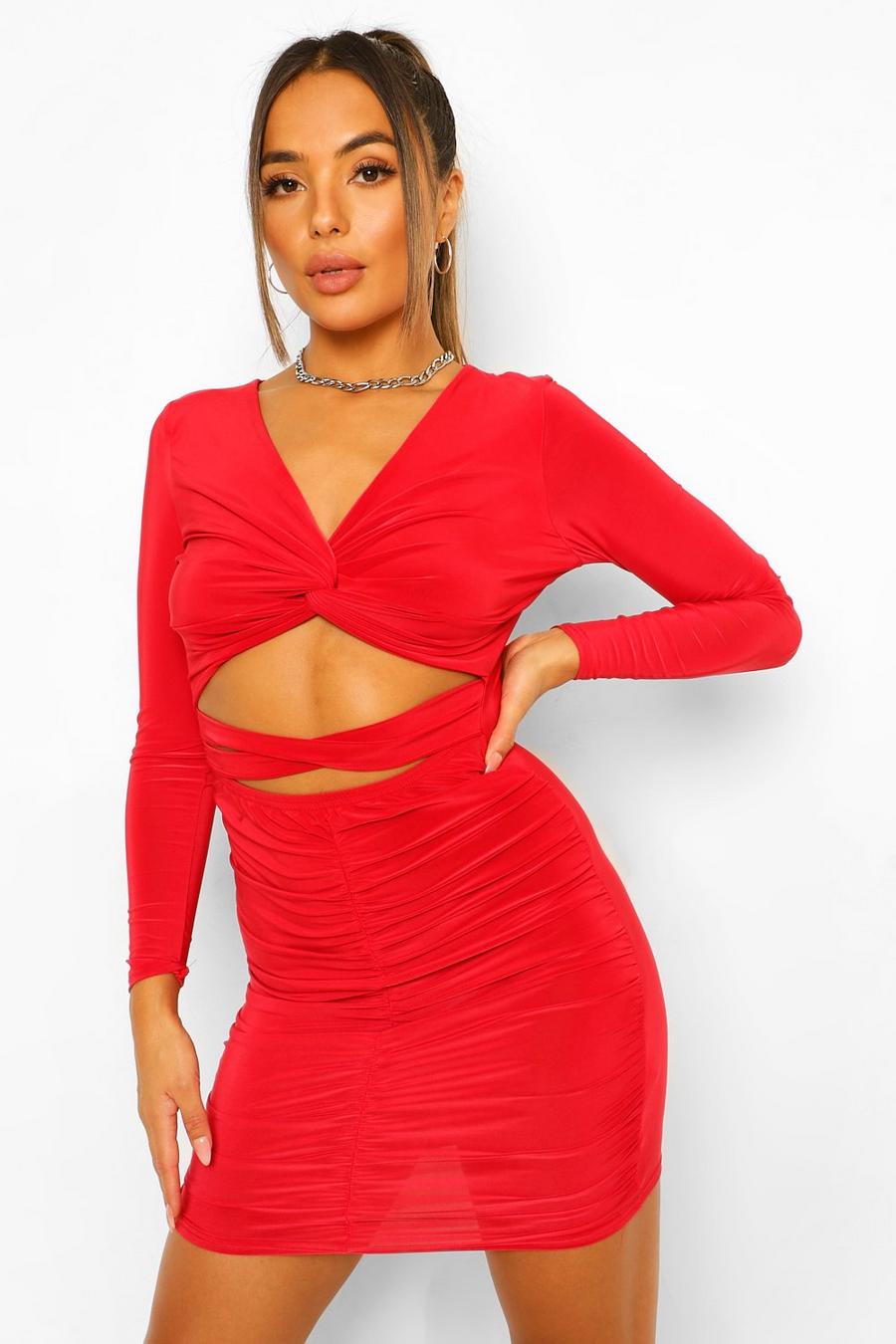 Petite Long Sleeve Twist Front Bodycon Dress image number 1