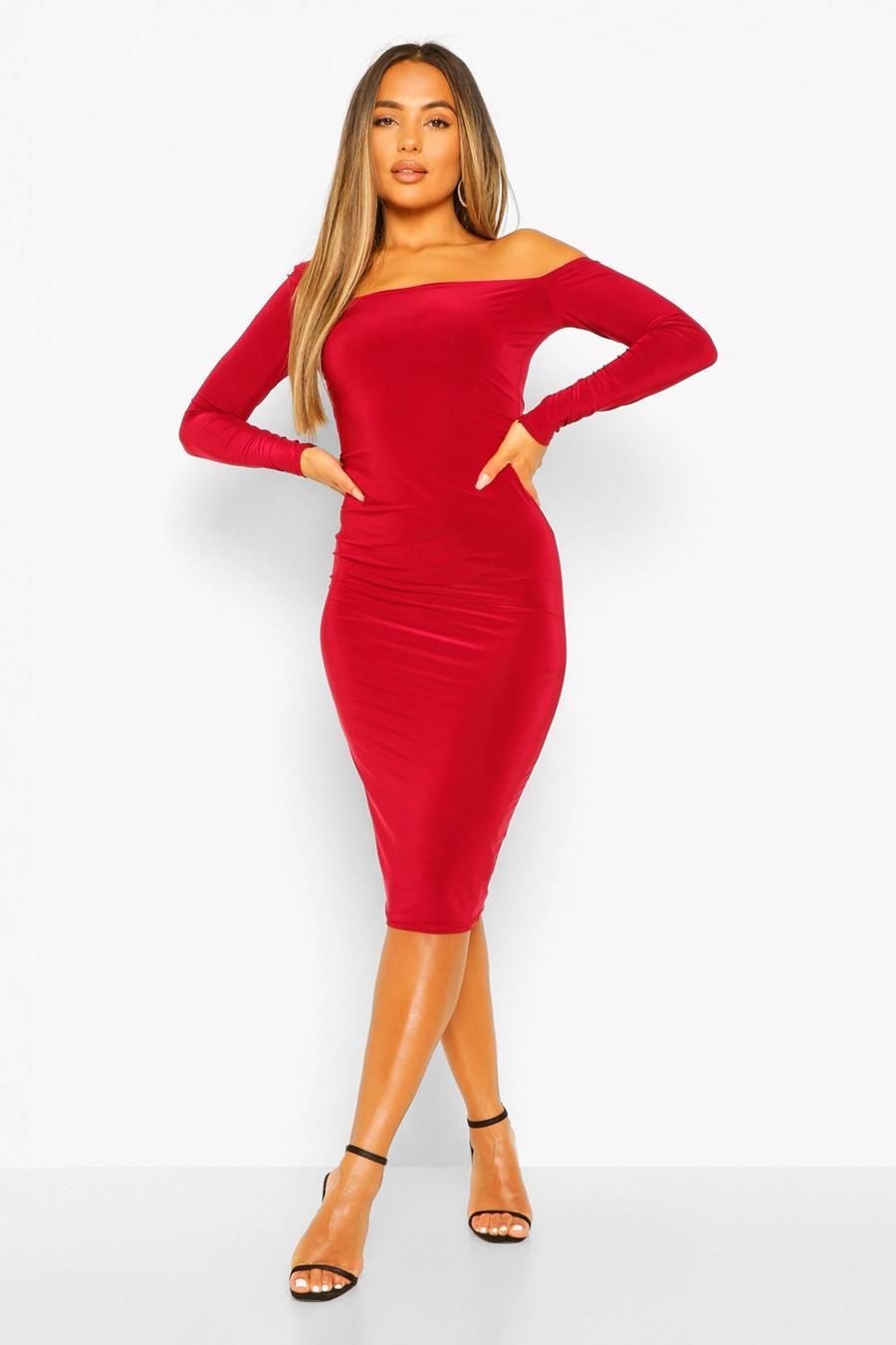 Berry Petite One Shoulder Bodycon Midi Dress image number 1