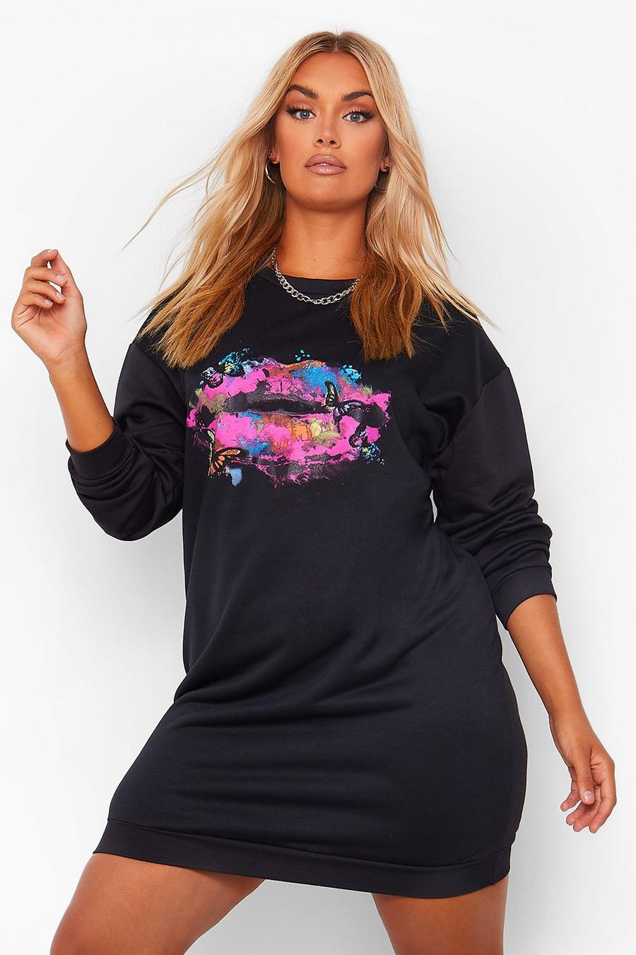 Black Plus - Oversize sweatshirtklänning med läppar och fjärilar image number 1