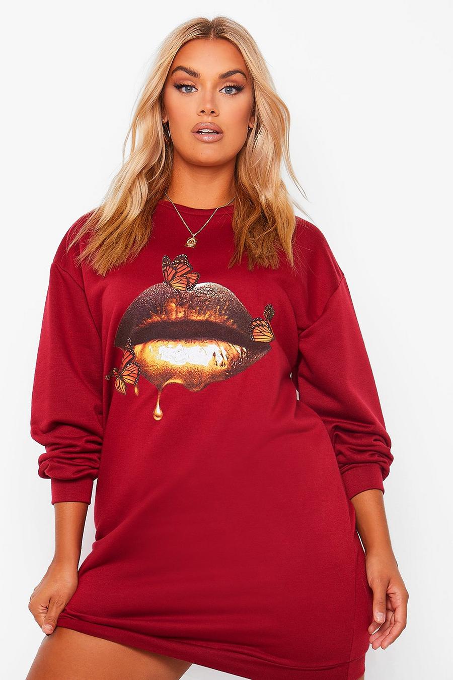 Berry Plus Oversized Sweatshirt Jurk Met Gouden Lippen image number 1