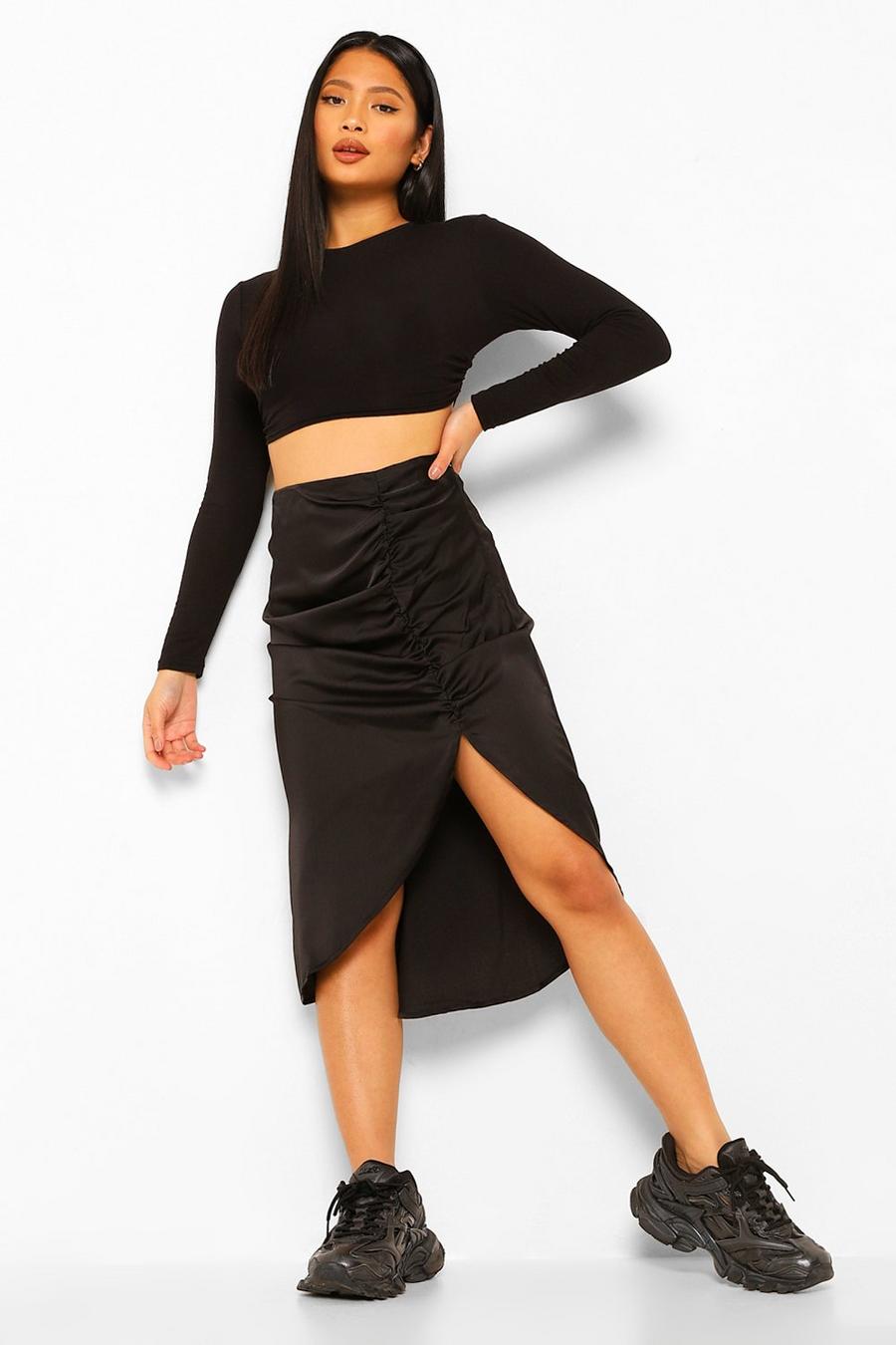 Black Petite Satin Ruched Front Midi Skirt image number 1