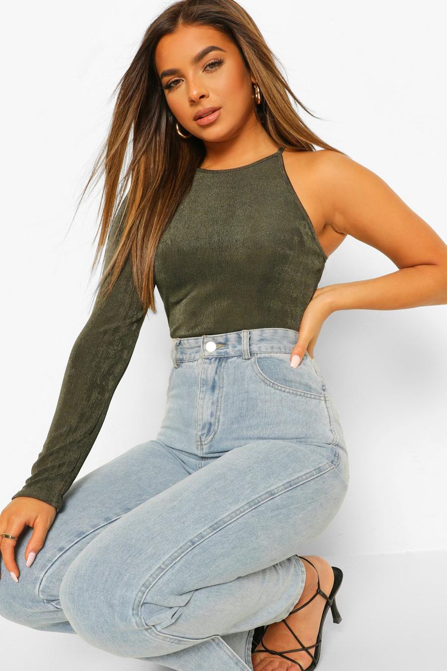 Khaki Petite One Sleeve Bodysuit image number 1