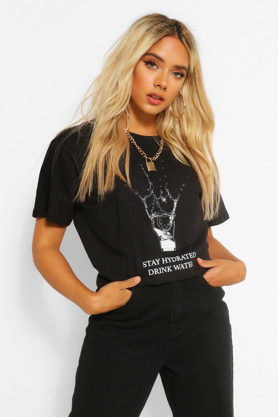 Black Petite Oversized 'Drink Water' Slogan T-Shirt image number 1