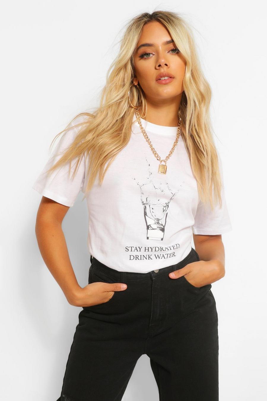 White Petite Oversized 'Drink Water' Graphic T-Shirt image number 1