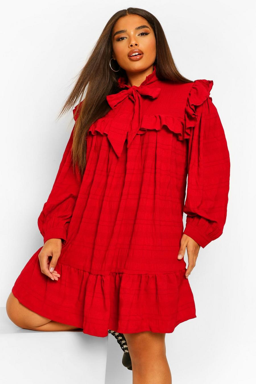Berry red Plus Ruffle Detail Pussybow Smock Dress image number 1