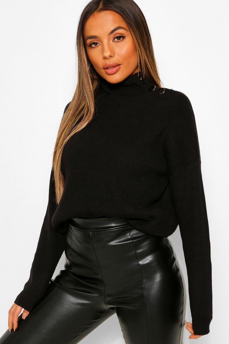 Black Petite Button High Neck Oversized Knitted Sweater image number 1