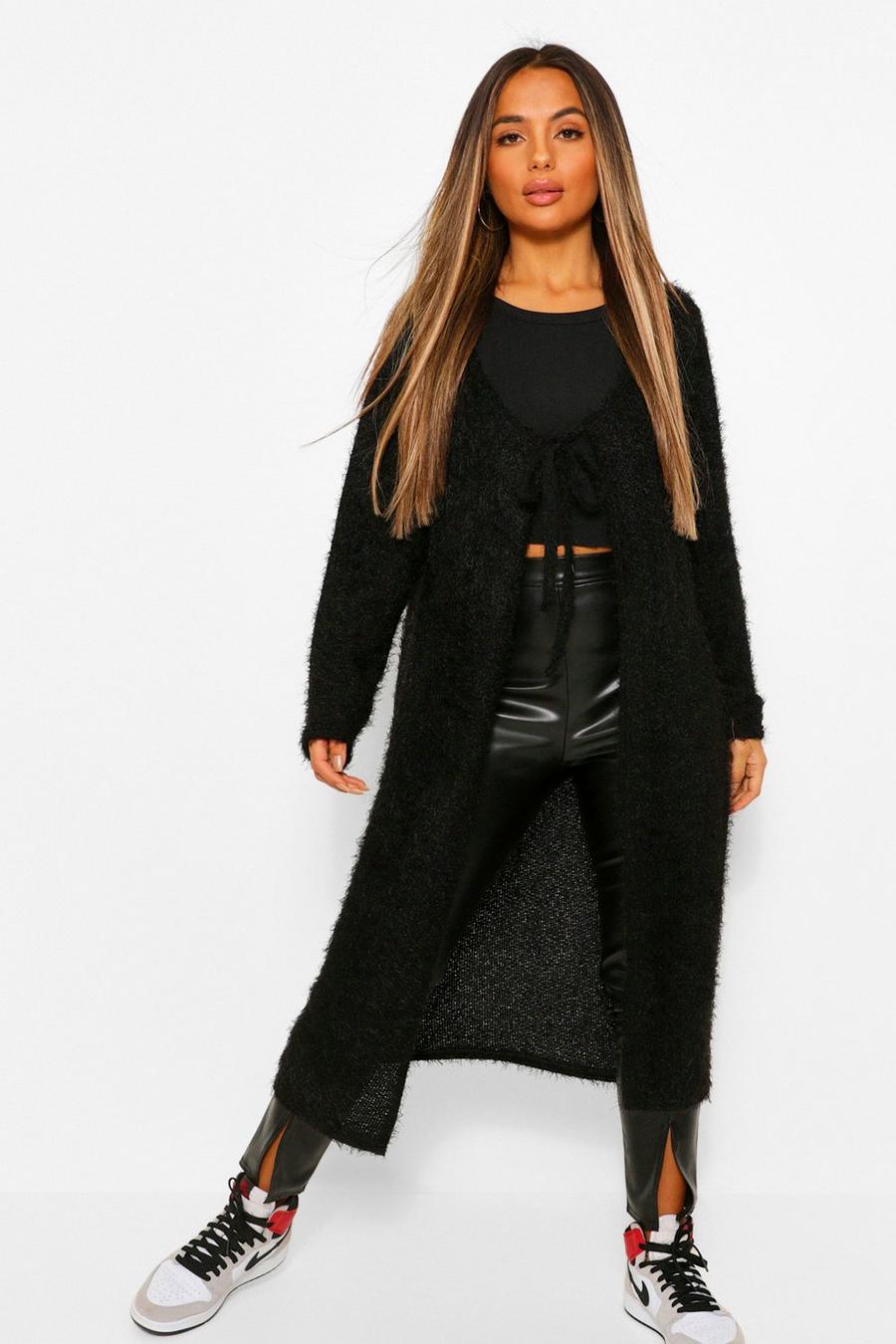 Black Petite Fluffy Knit Tie Front Cardigan image number 1