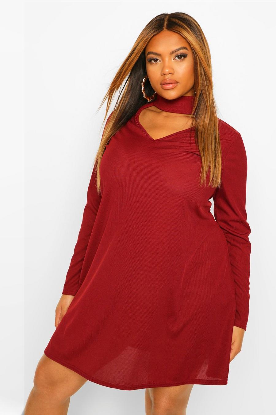 Berry Plus Cut Out High Neck Swing Dress image number 1