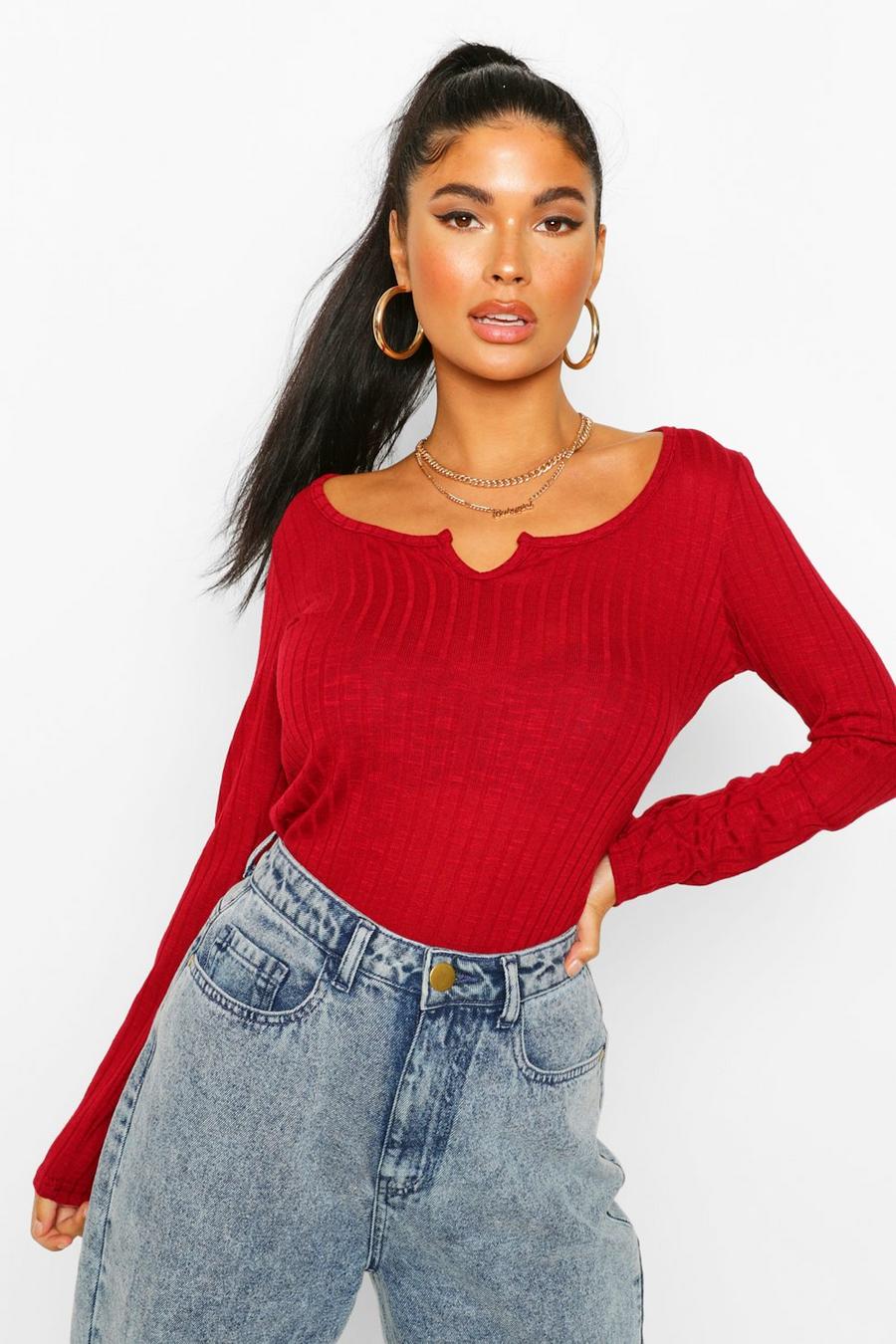 Berry Petite Soft Knit Rib Notch Neck Top image number 1
