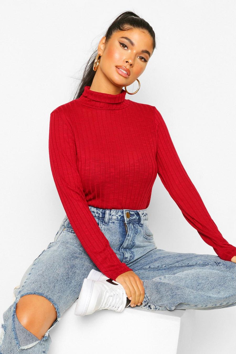Berry Petite Soft Knit Rib Roll Neck Top image number 1