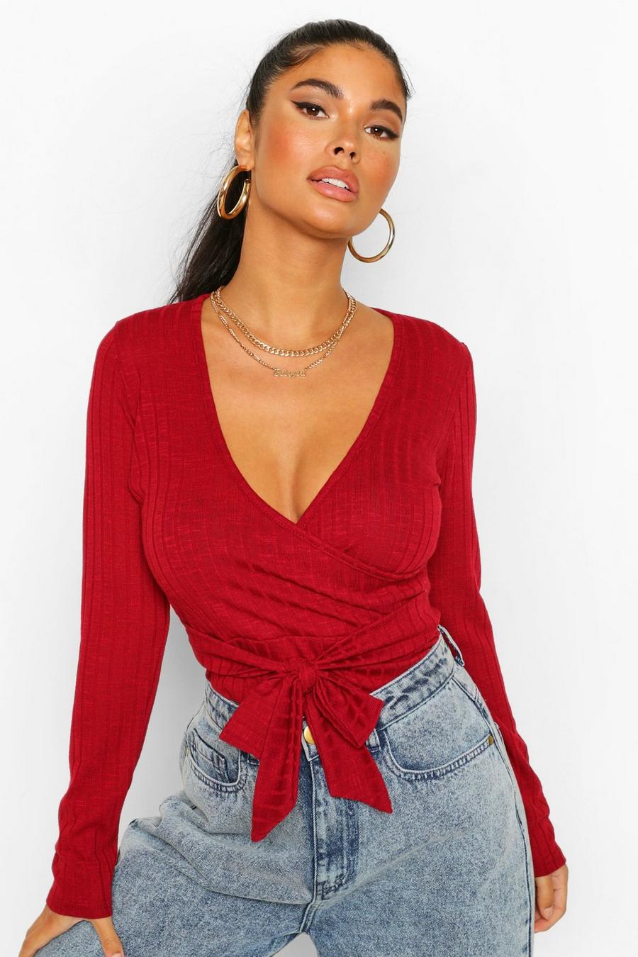 Berry Petite Soft Knit Rib Belted Wrap Bodysuit image number 1