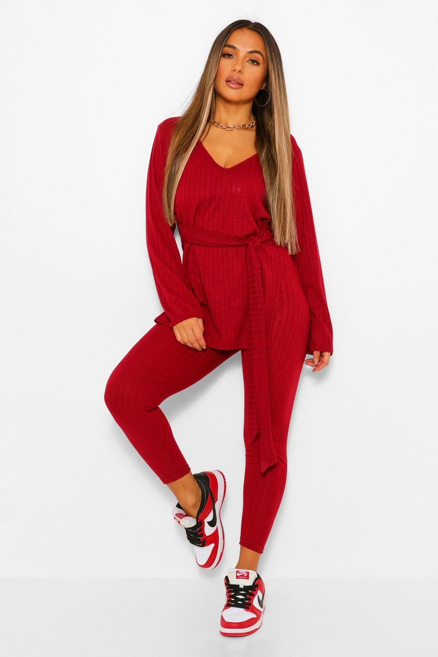 Berry Petite Soft Knit Rib Belted Top and Legging Set image number 1