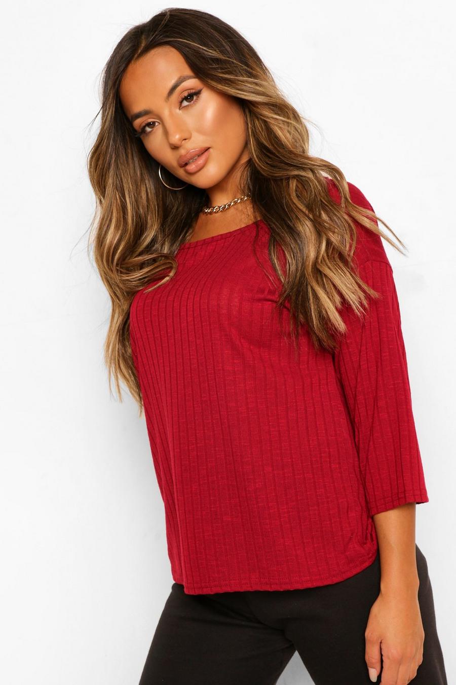 Berry Petite Soft Knit Rib Boat Neck Top image number 1