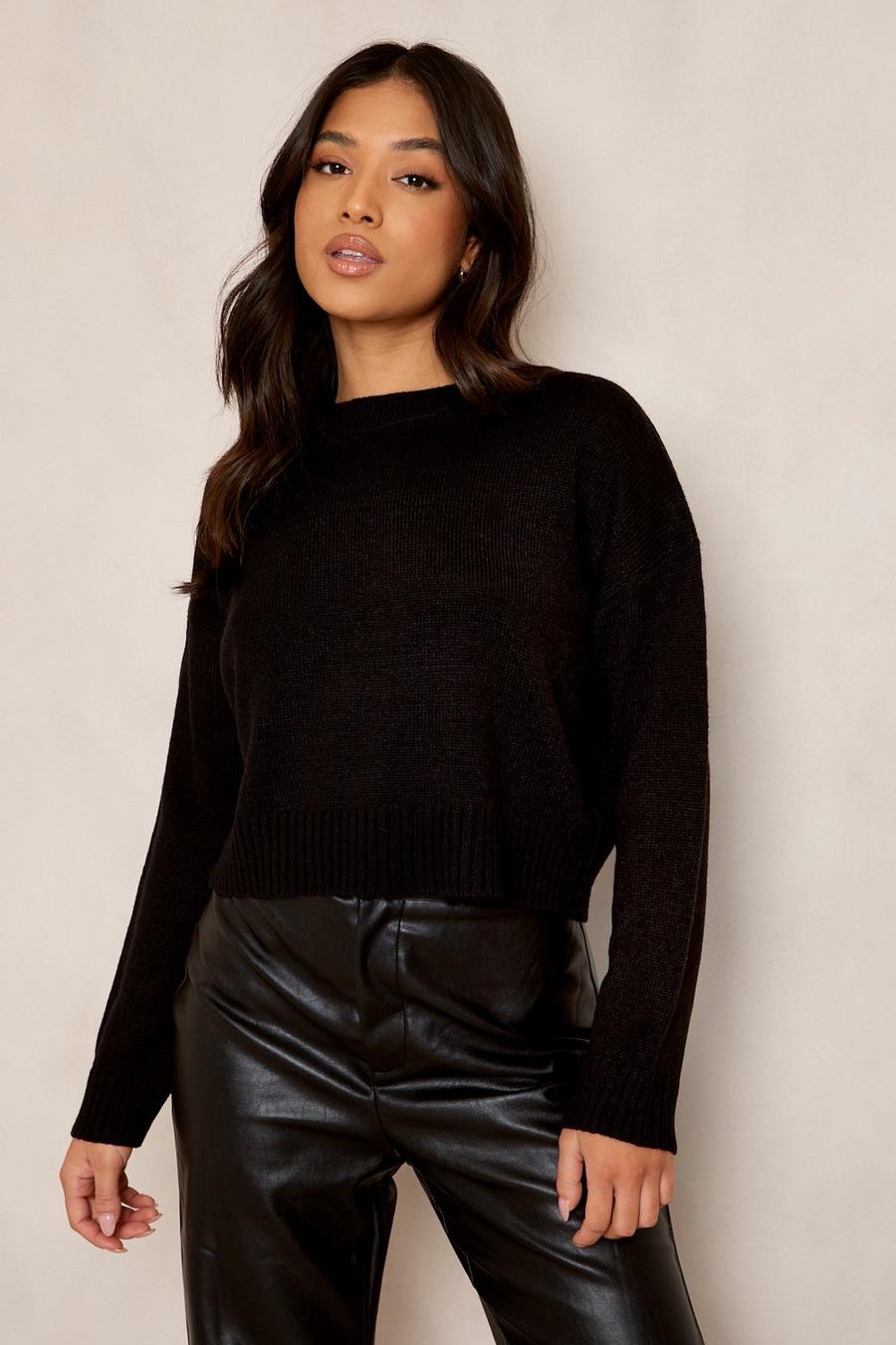 Black Petite Round Neck Boxy Knitted Jumper image number 1