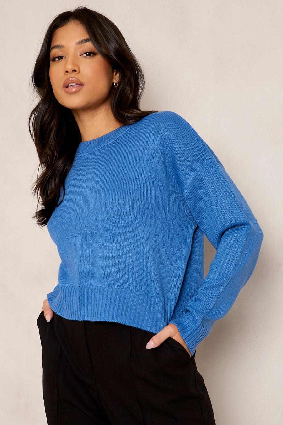 Blue Petite Round Neck Boxy Knitted Jumper image number 1