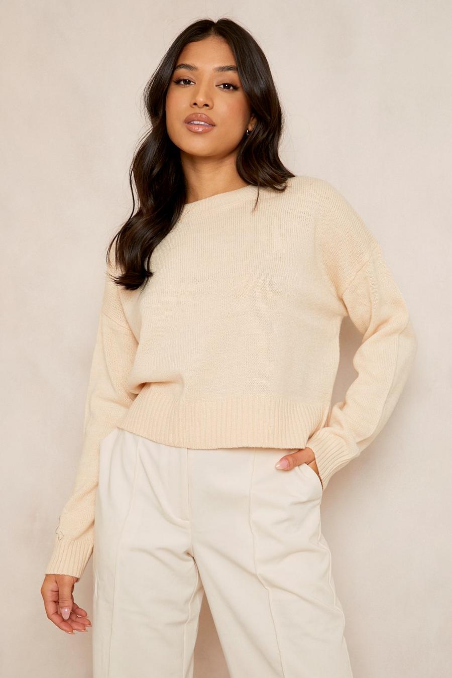Stone Petite Round Neck Boxy Knitted Jumper image number 1