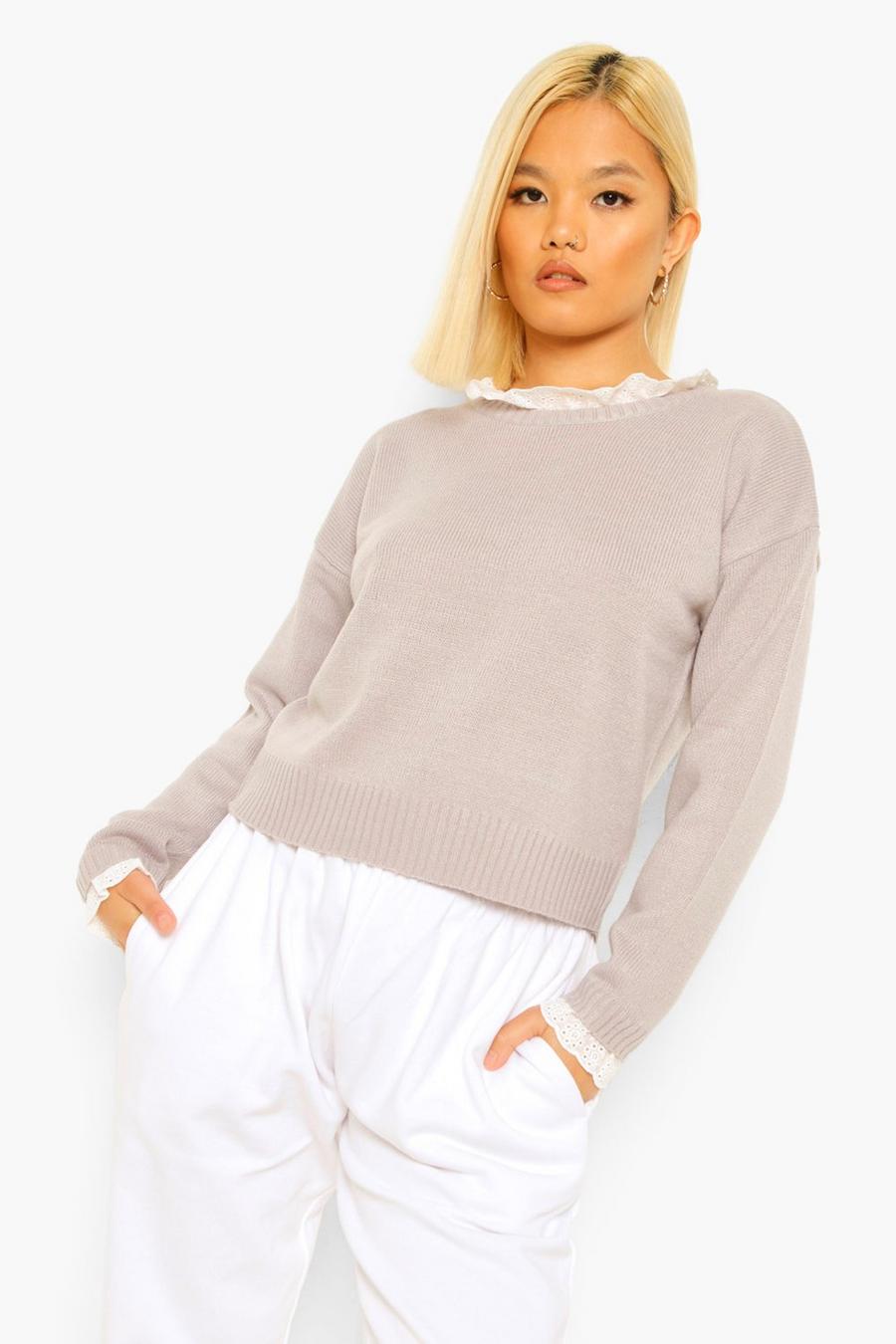 Grey Petite Woven Ruffle Collar Knitted Sweater image number 1