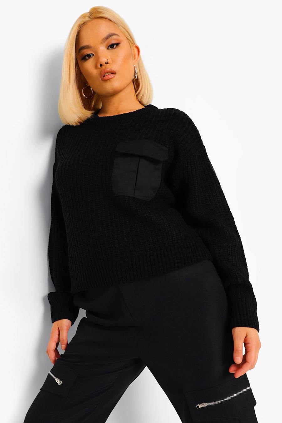 Black Petite Utility Pocket Knitted Sweater image number 1
