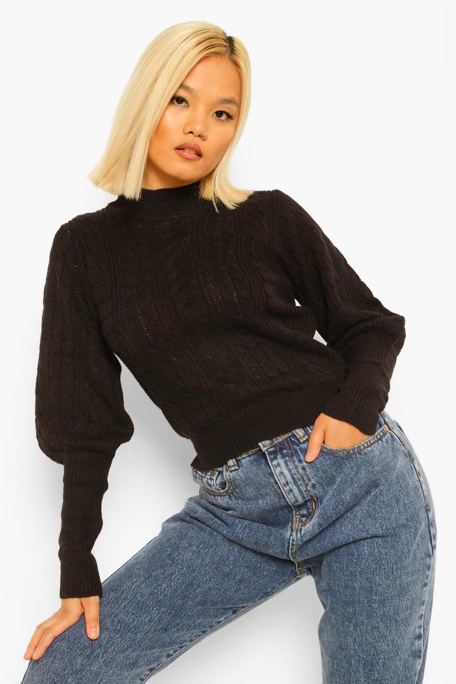 Black Petite Cable Knit High Neck Puff Sleeve Sweater