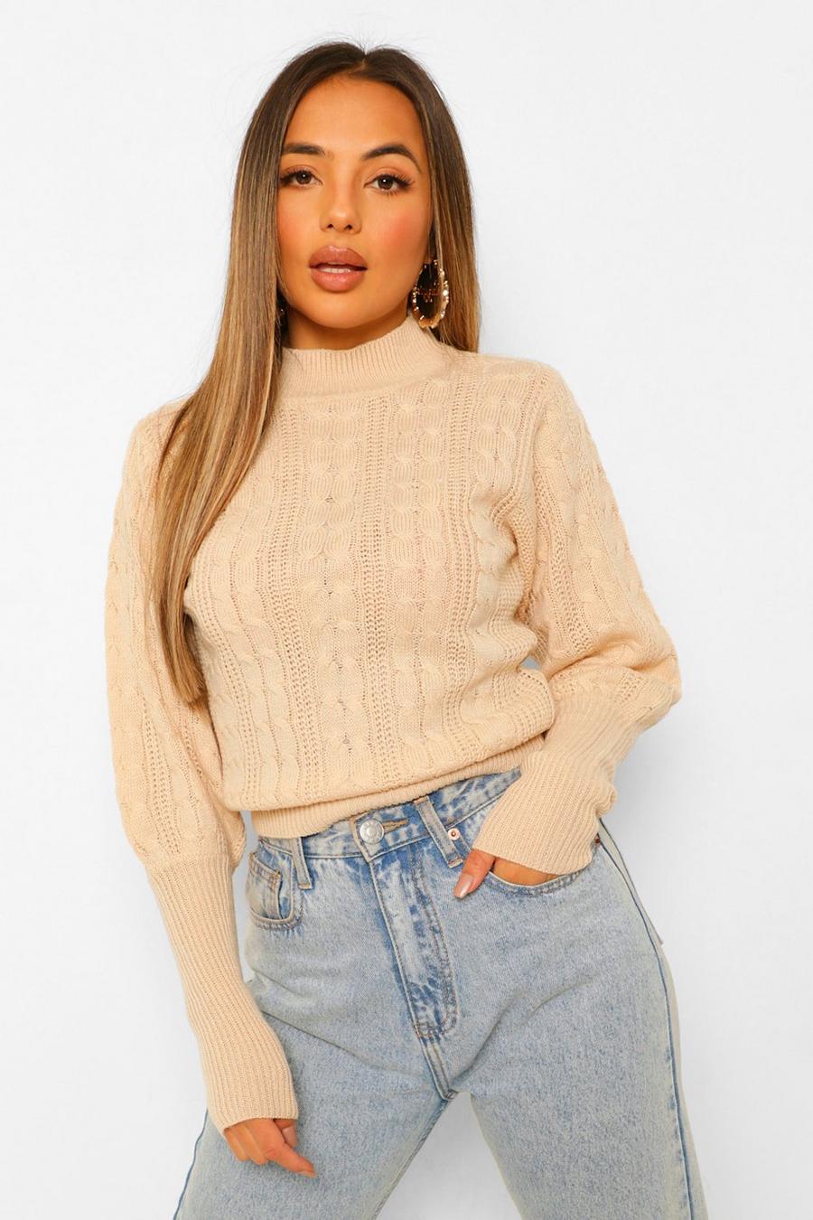 Cream Petite Cable Knit High Neck Puff Sleeve Jumper image number 1