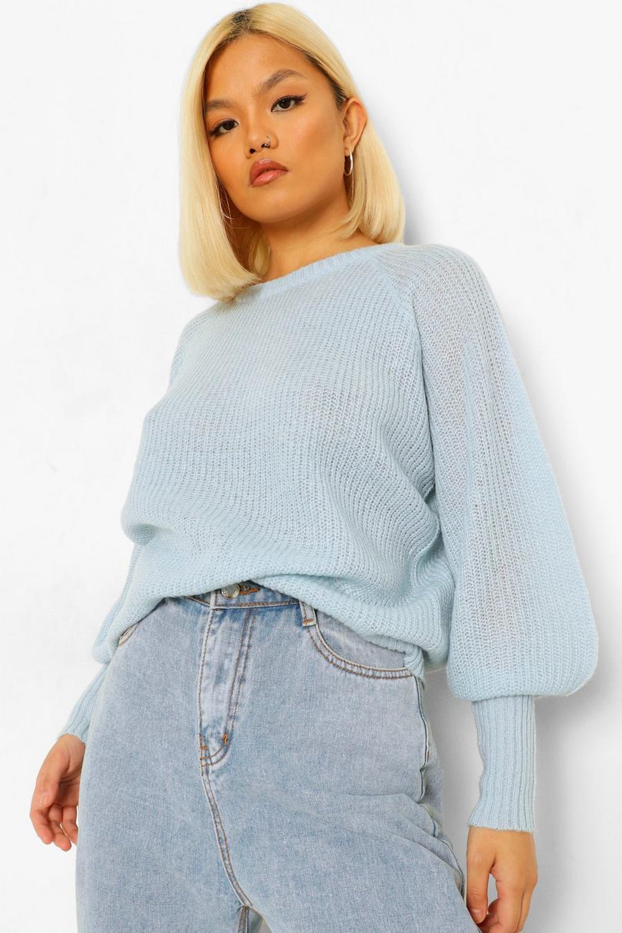 Blue Petite Balloon Sleeve Knitted Sweater image number 1