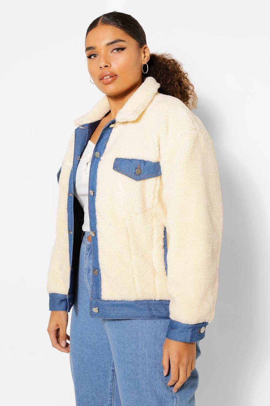 Grande taille - Veste en jean oversize imitation peau de mouton, Mid blue image number 1