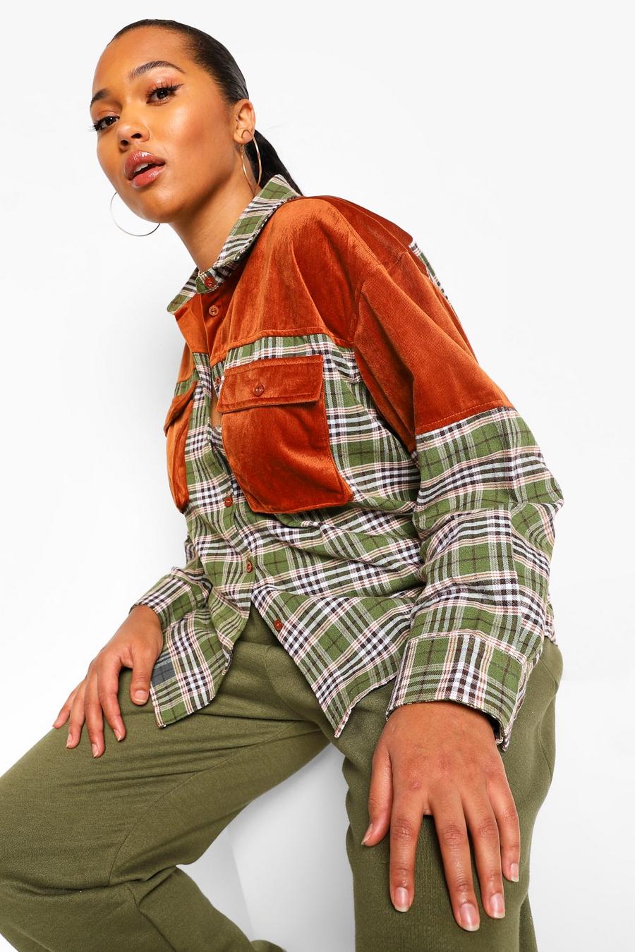 Khaki Plus Cord Panel Checked Boyfriend Overshirt image number 1