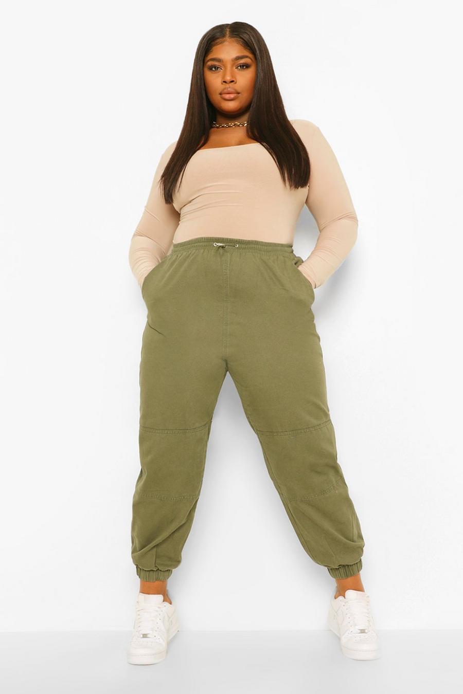 Pantaloni tuta Plus Size in denim stile Cargo con cuciture, Kaki image number 1