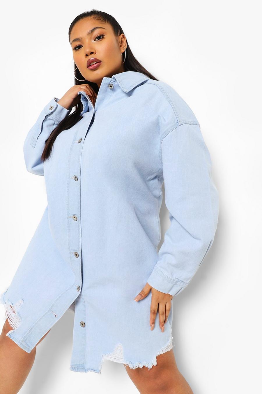 Light blue Plus - Skjortklänning i sliten denim image number 1