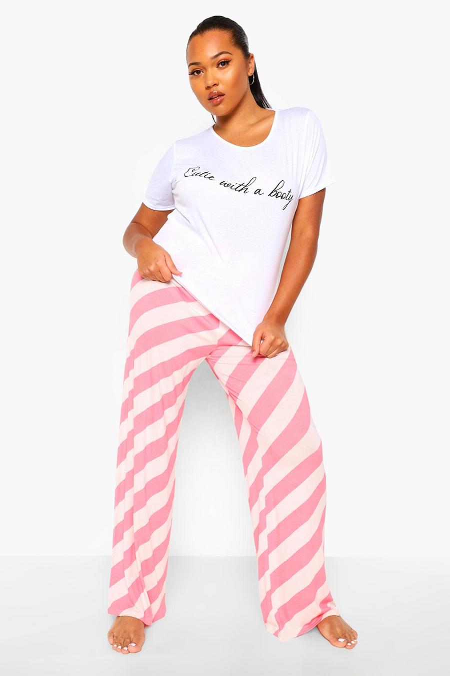 Plus Pyjama mit Streifen und Slogan „Cutie With A Booty“, Rosa image number 1