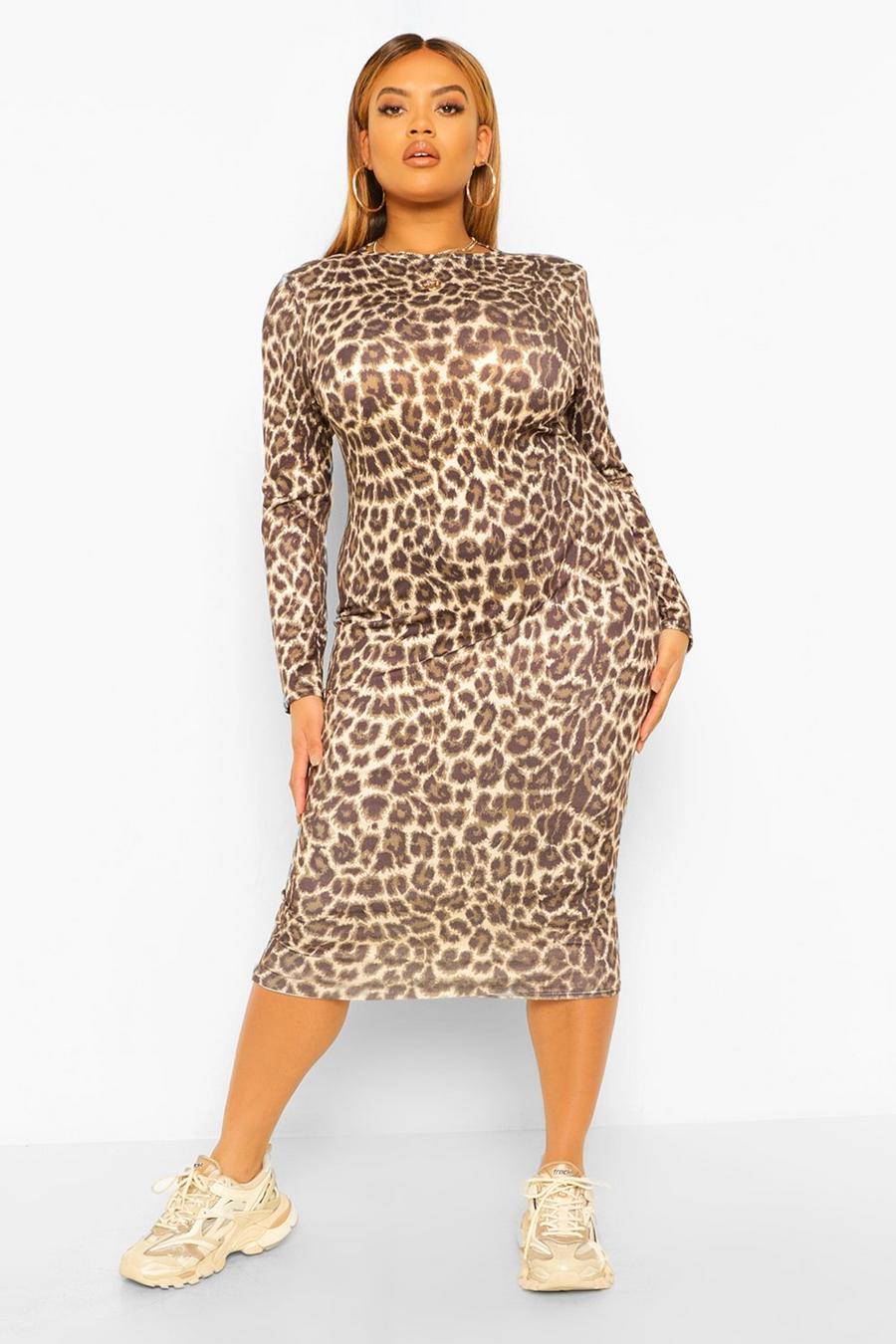 Stone Plus Shoulder Pad Leopard Midi Dress image number 1