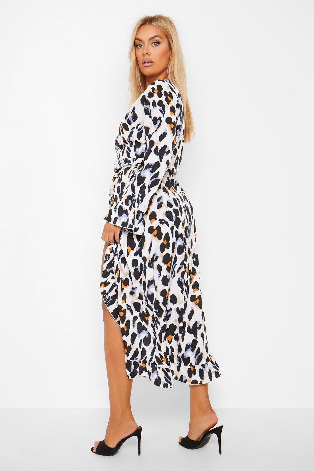 Leopard satin hot sale wrap dress