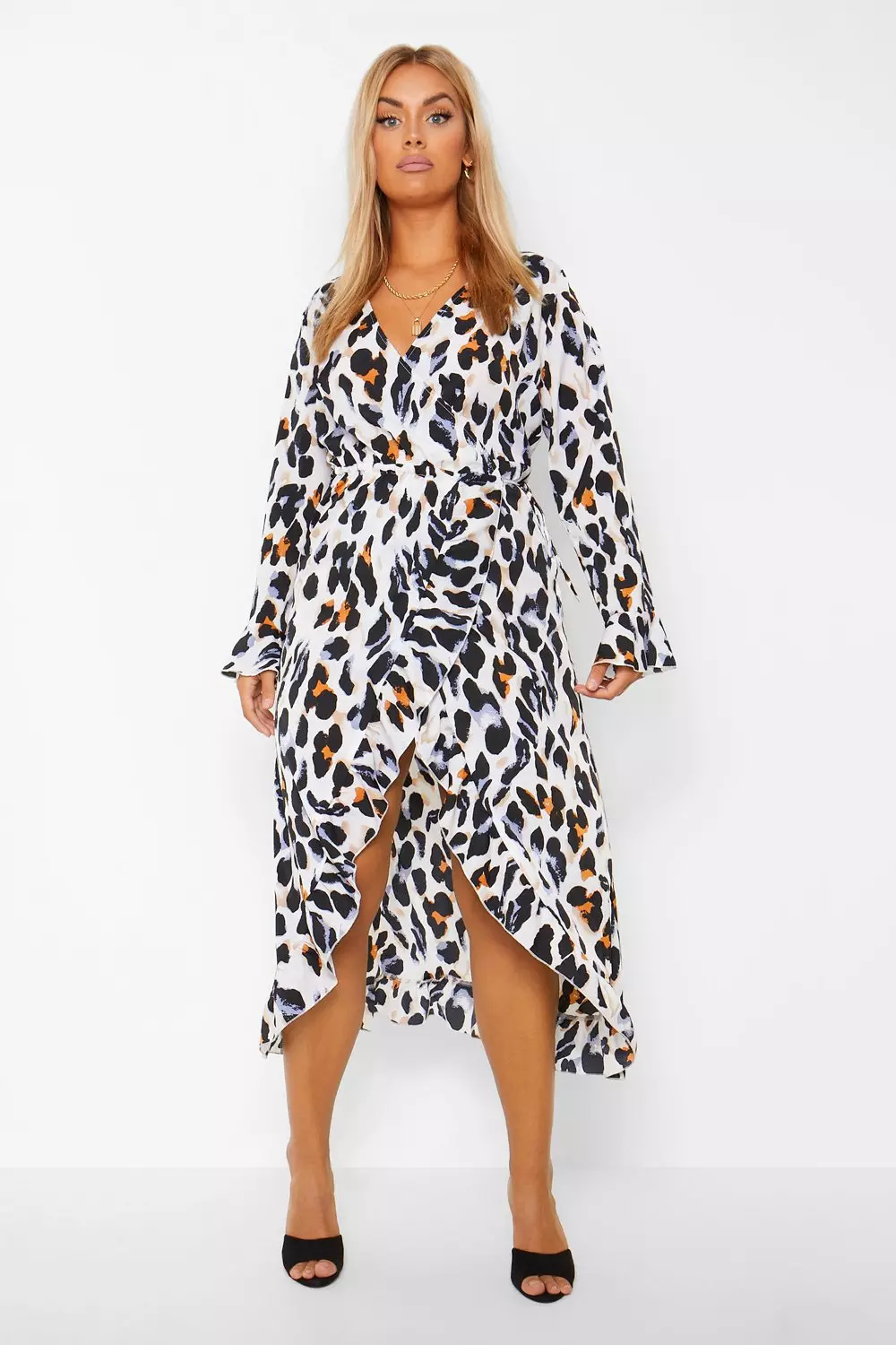 Boohoo satin ruffle 2025 wrap dress in leopard