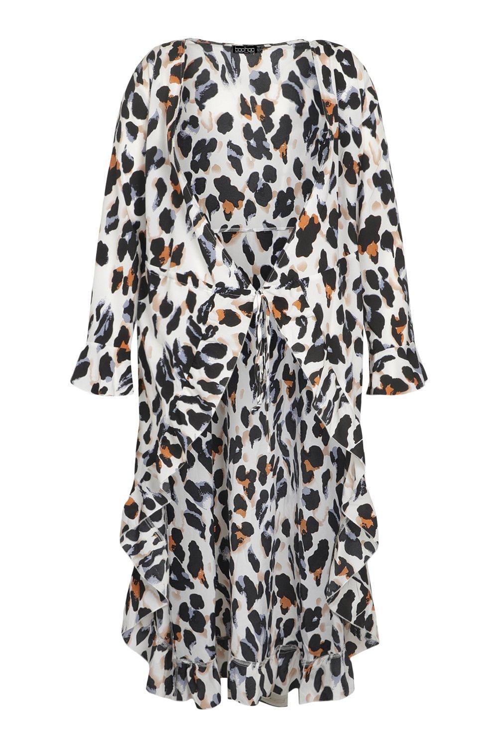 Boohoo satin ruffle shop wrap dress in leopard