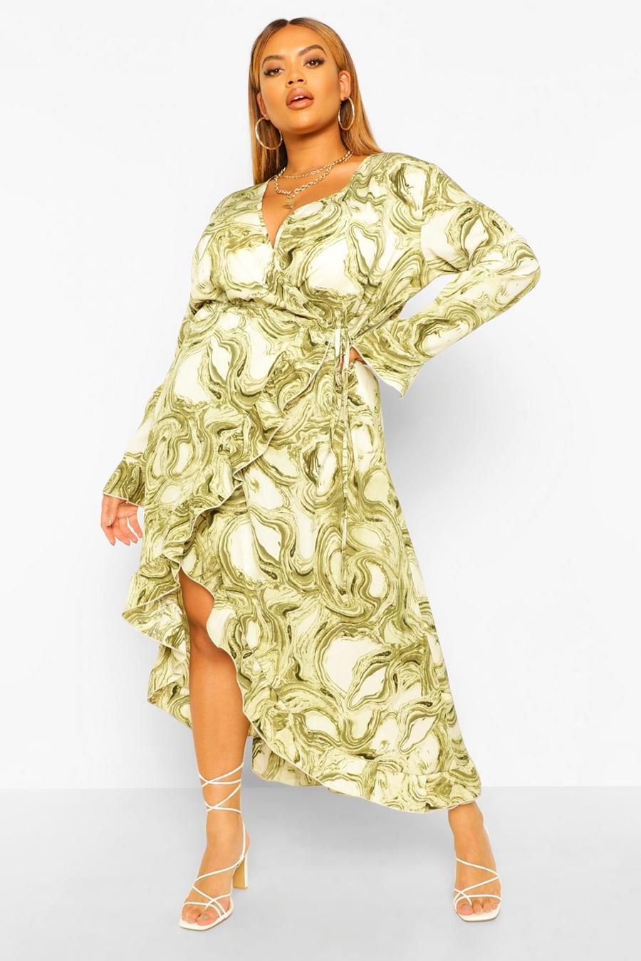 Khaki Plus Marble Print Wrap Dress image number 1
