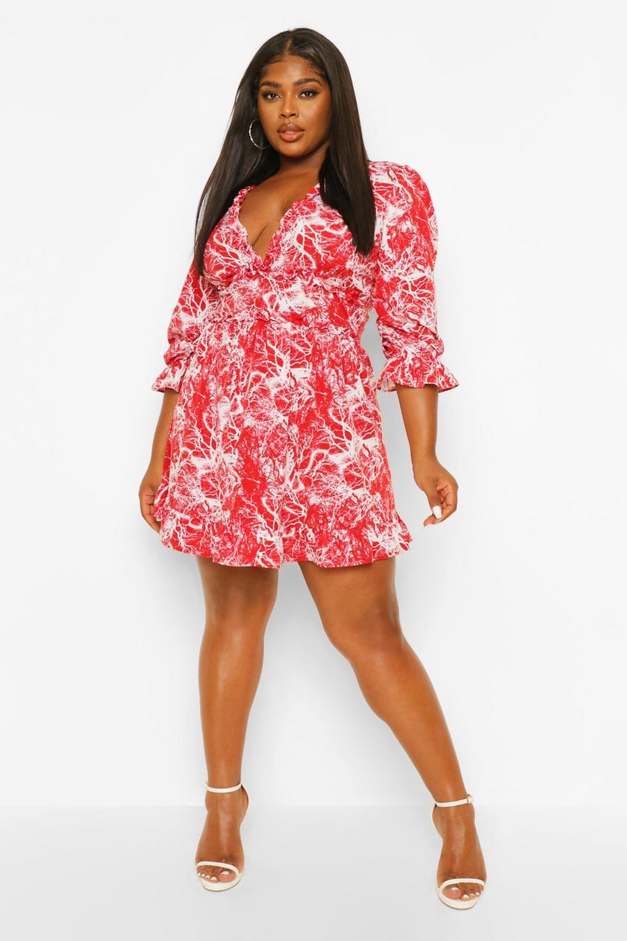 Berry Plus Marble Print Ruffle Wrap Dress image number 1