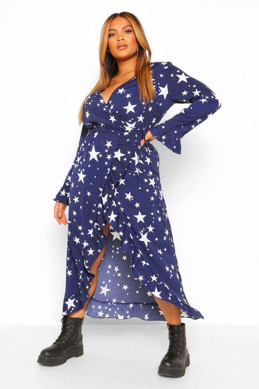 Plus Star Print Ruffle Wrap Dress image number 1