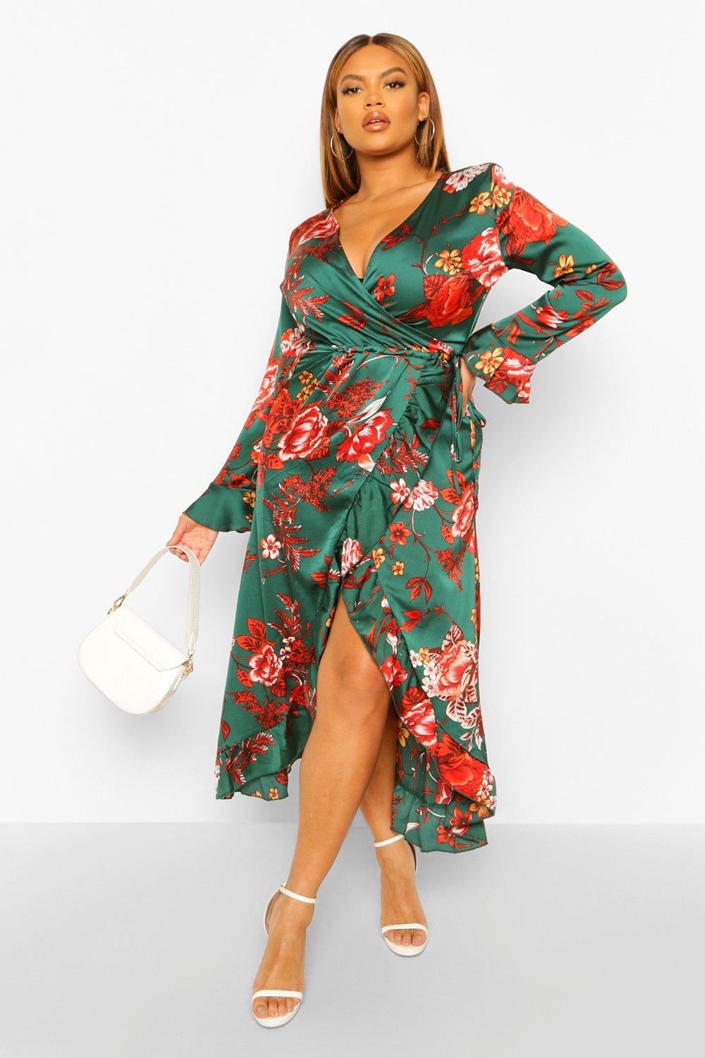 Women's Plus Floral Ruffle Wrap Dress | Boohoo UK