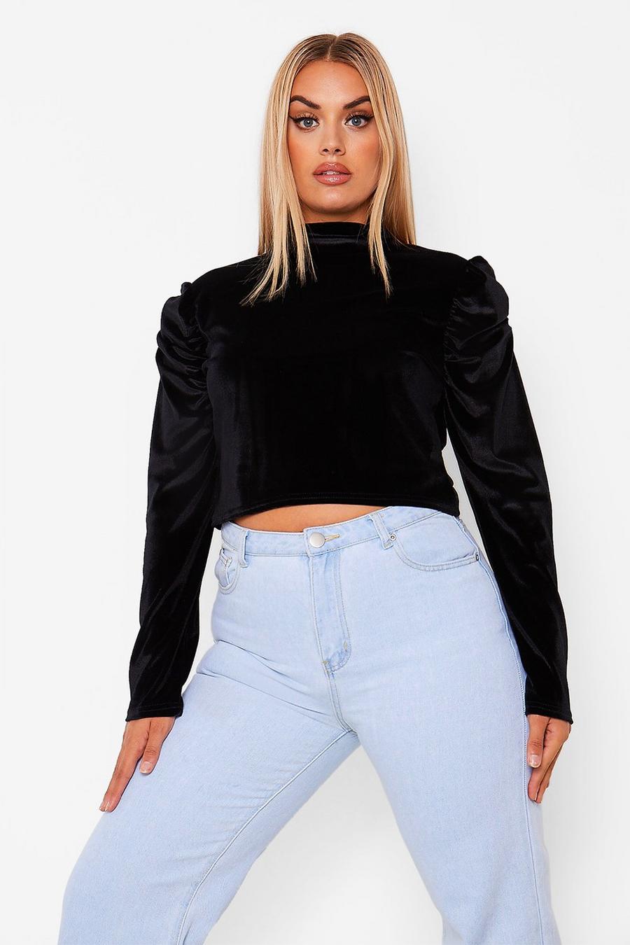 Black Plus Velvet Ruched Puff Sleeve High Neck Top image number 1