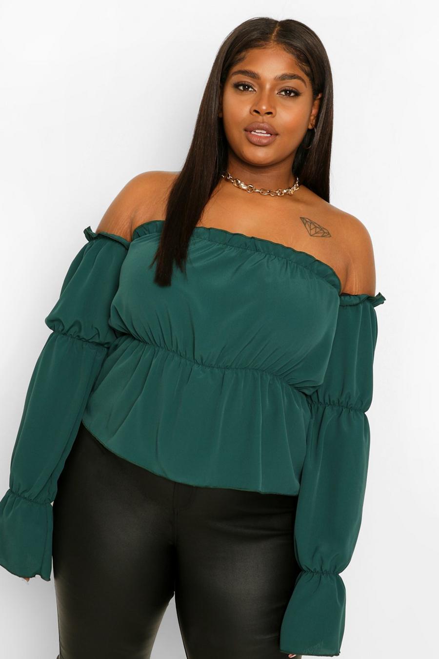 Teal Plus Off The Shoulder Ruffle Peplum Top image number 1