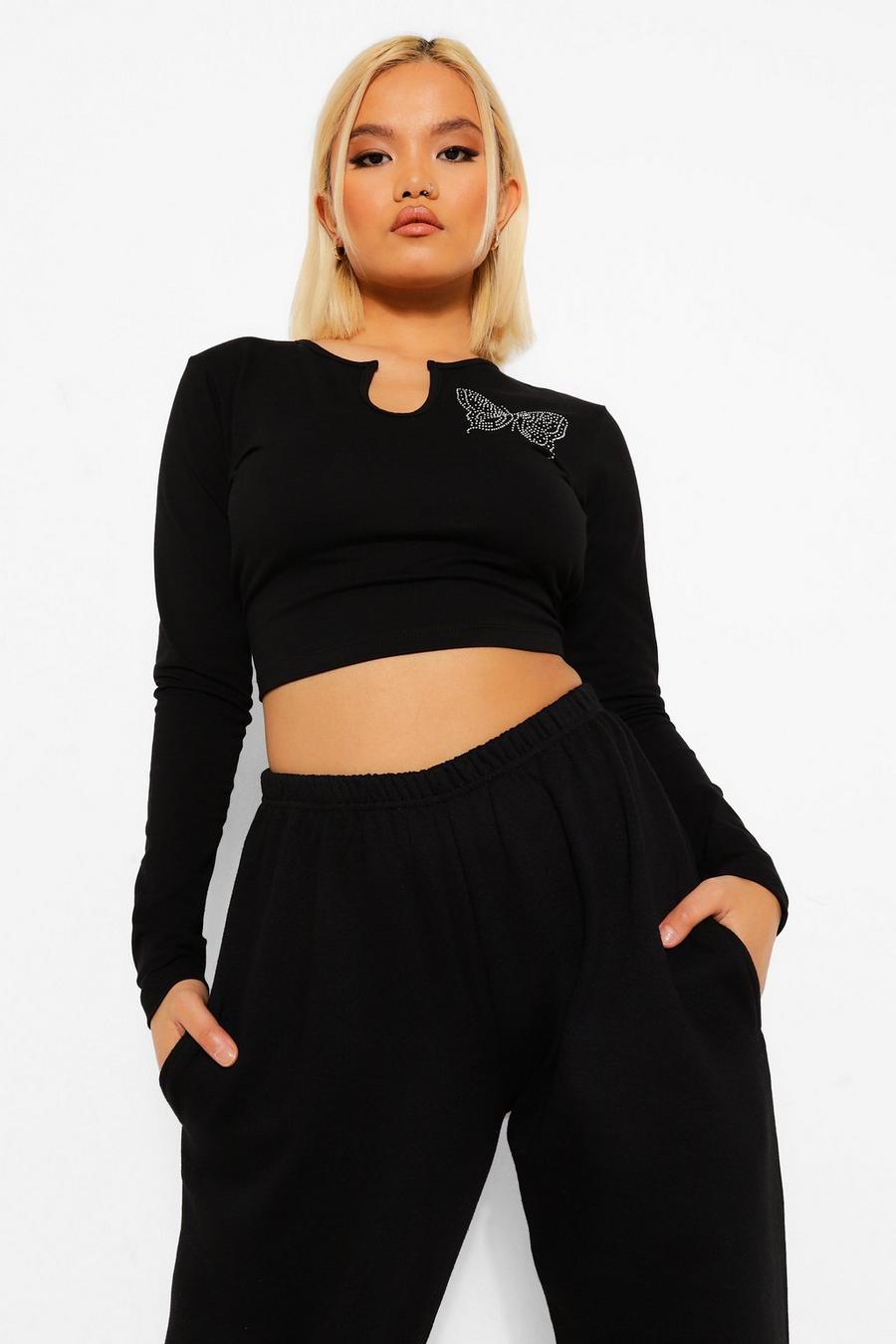 Black Petite Butterfly Embroidered Notch Neck Crop Top image number 1
