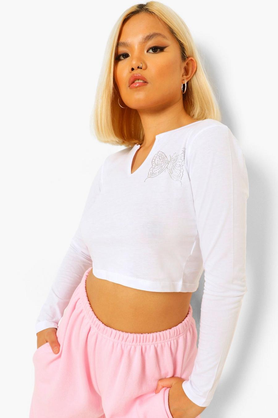 White Petite Butterfly Embroidered Notch Neck Crop Top image number 1