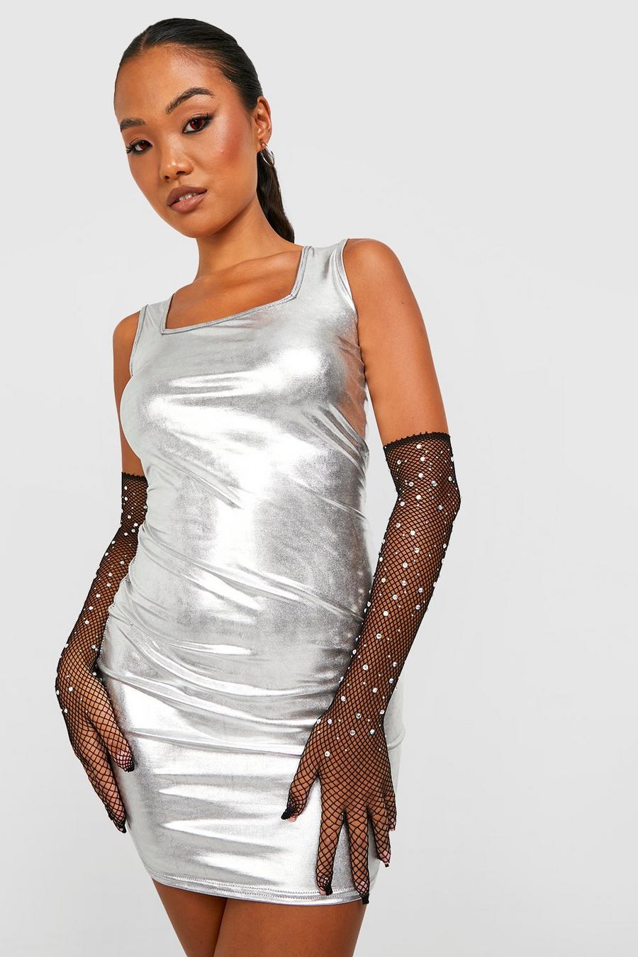 Petite Bodycon-Kleid in Metallic-Optik mit Karree-Ausschnitt, Silber image number 1