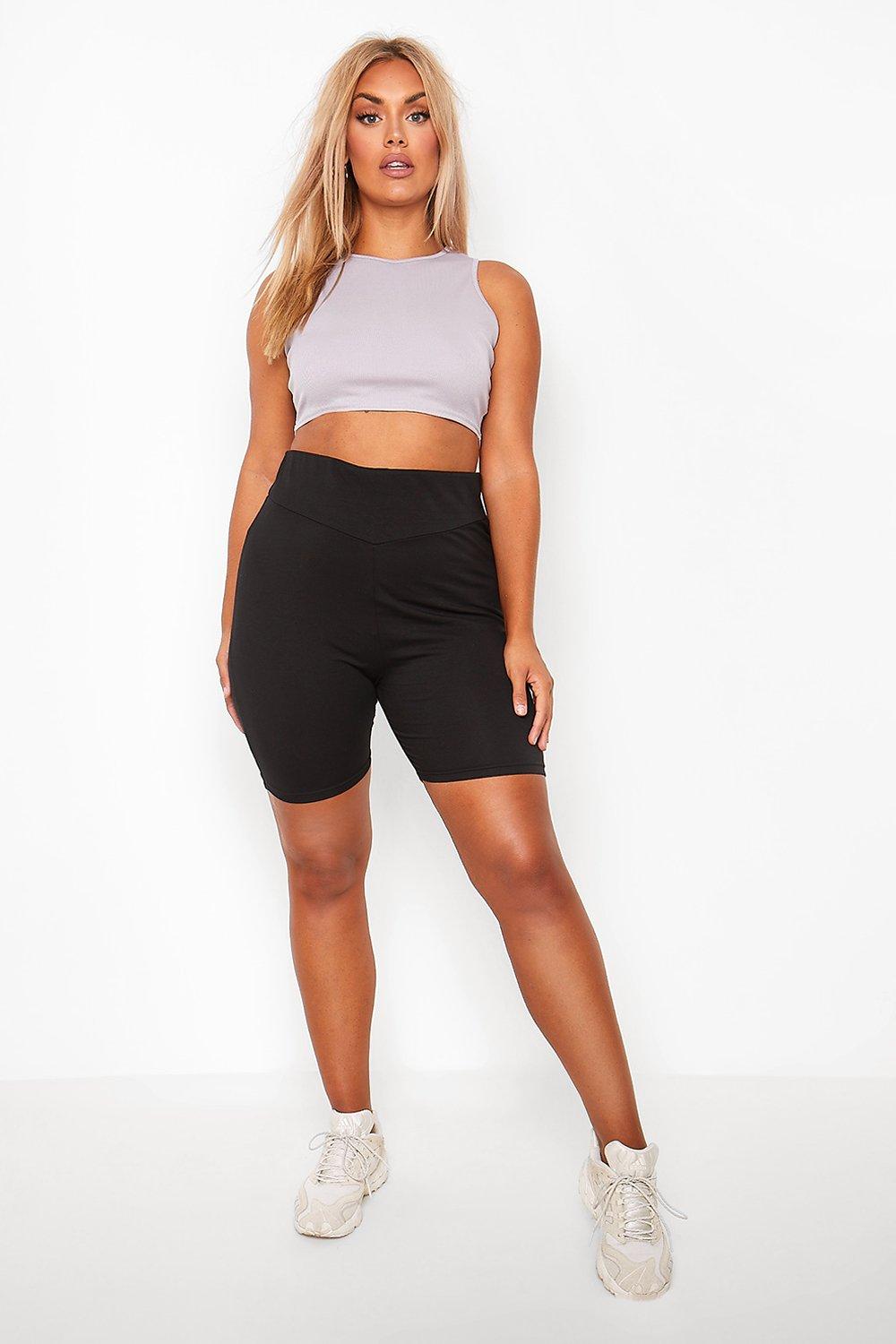 Plus Black Ribbed Cycling Shorts Plus Size Outfits, Black, 44% OFF